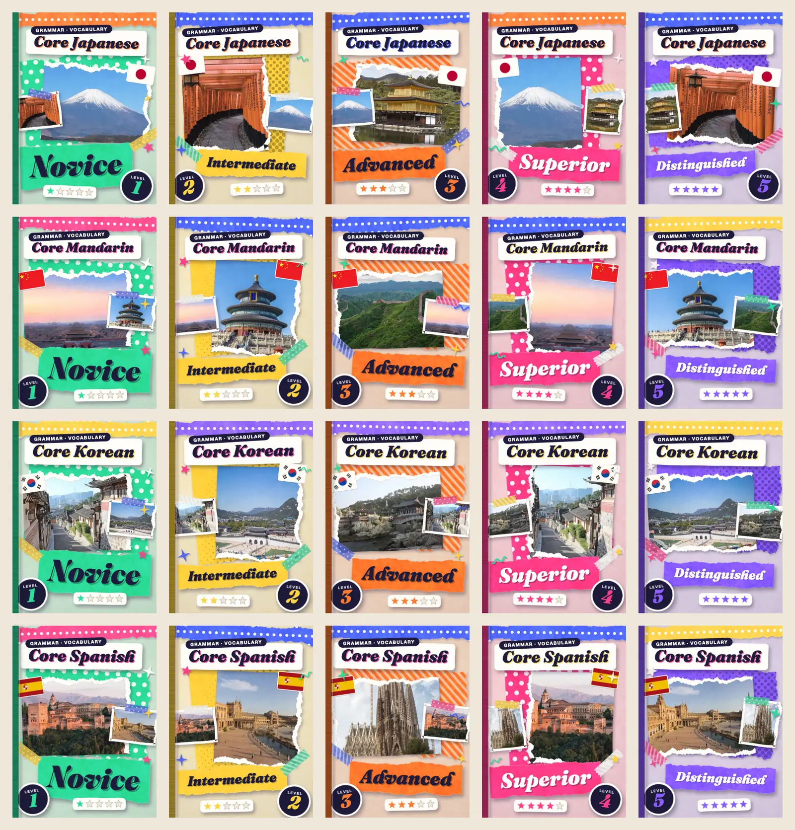 A wall of Core Japanese, Core Mandarin, Core Korean and Core Spanish book covers in five level colours