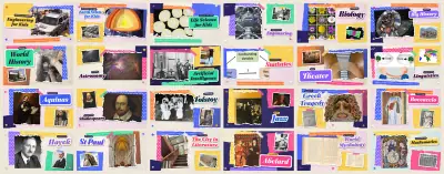 Grid of collage course covers: Engineering for Kids, Biology, World History, Shakespeare, Aquinas, Tolstoy and more