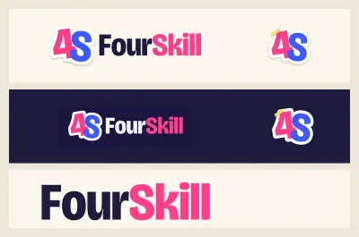 FourSkill logo sheet: the 4S FourSkill lockup on cream and on night, the 4S mark, the app icon and the FourSkill wordmark