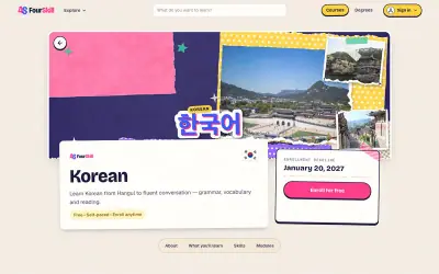The Korean course page with its collage hero and enrolment card