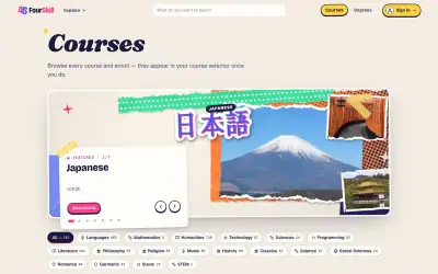 The FourSkill course catalogue with a featured Japanese course and subject filters