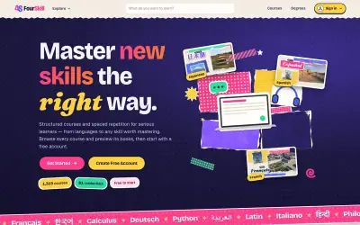 FourSkill home page: “Master new skills the right way.” beside a collage of course cards