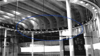 Illustration: the circular market centre of the Tokyo Stock Exchange drawn as a line engraving, its ring circled in blue pencil.
