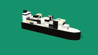 Illustration: a three-dimensional container ship on a green field.