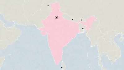 Illustration: a map of South Asia with India tinted pink and the capitals marked.