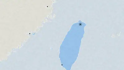 Illustration: a map of the Taiwan Strait with Taiwan in blue and Taipei, Kaohsiung, Xiamen and Fuzhou marked.