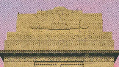 Photo illustration: India Gate in New Delhi printed as a risograph in blue, ochre and pink.