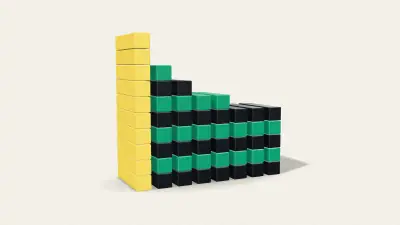 Illustration: eight stacks of shipping containers, one for each of the world's busiest ports, tallest for Shanghai in yellow.