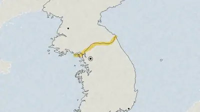 Illustration: a map of the Korean Peninsula with the Military Demarcation Line between North and South Korea marked in yellow highlighter, and Seoul, Pyongyang and Busan.