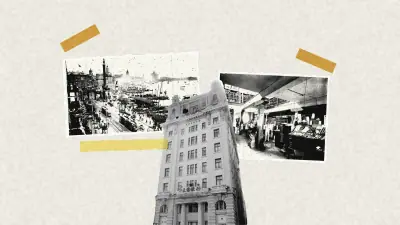 Photo illustration: photocopied cuttings of an old photograph of the Bund in Shanghai and a newspaper composing room, with a building cut out in black and white, ochre tape and a yellow highlighter mark.