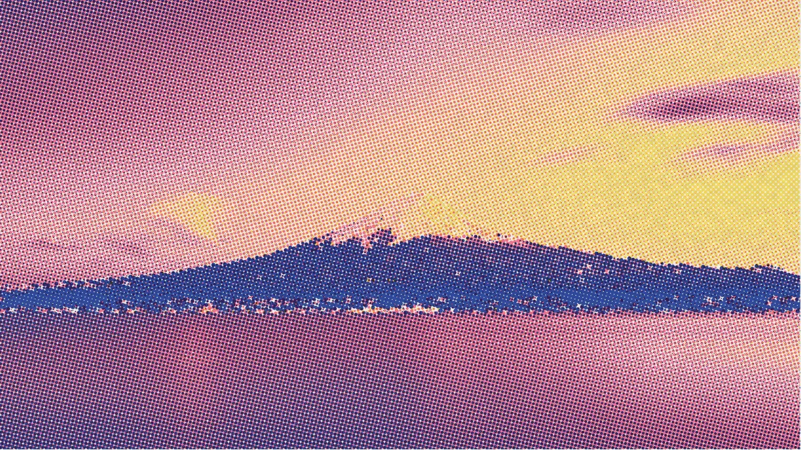 Riso-style image of Mount Fuji in blue, pink and yellow
