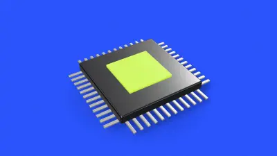 Illustration: a three-dimensional computer chip with a lime die on a blue field.