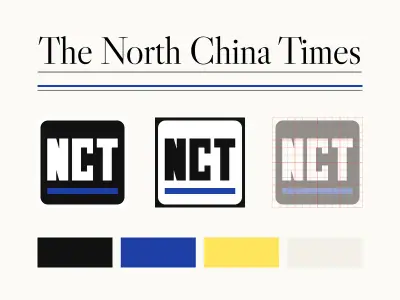 The North China Times nameplate over the blue-pencil rule, the Plate mark in its light and dark versions and on its construction grid, and the four colours